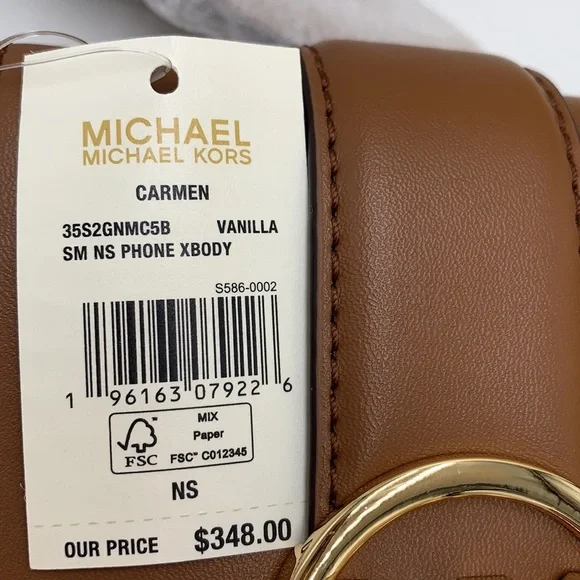 NWT MICHAEL KORS CARMEN SMALL NORTH SOUTH PHONE XBODY VANILLA/BROWN SIGNATURE - Picture 6 of 9